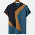 Striped 3D printed short sleeve knitted mesh top in black white and brown, loose fit polyester round neck pullover