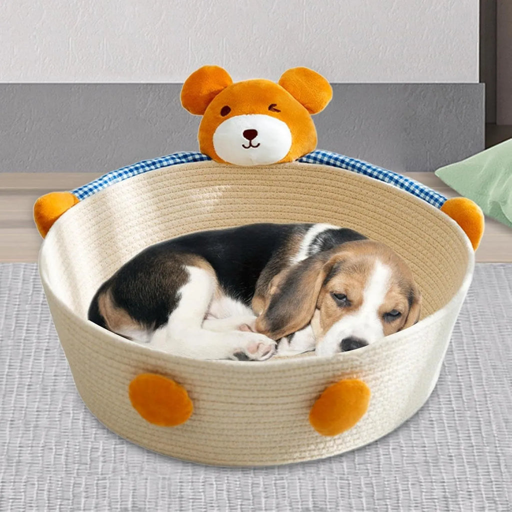 Woven cotton rope cat bed with integrated scratching surface in basket design