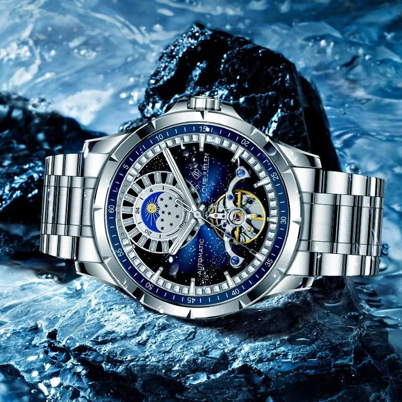 Men's silver waterproof automatic mechanical watch with blue face and stainless steel strap