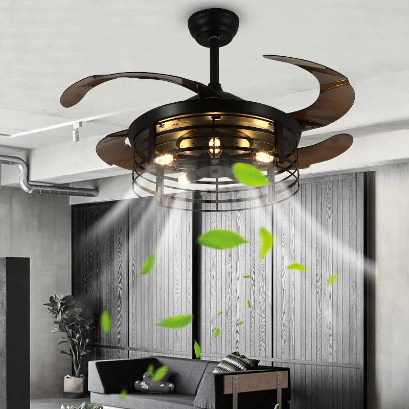 American retro ceiling fan lamp with invisible acrylic blades and integrated light fixture
