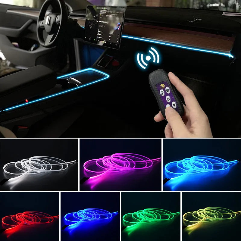 Flexible PVC USB car LED ambient light strip for dashboard and centre console colour-changing decoration.