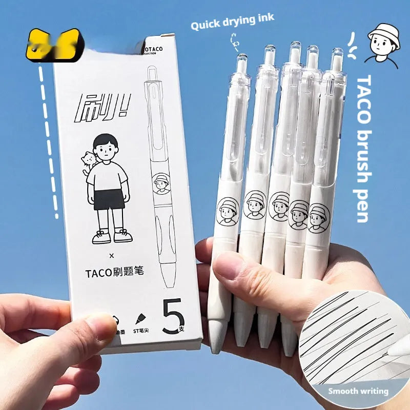 Five white Taco ballpoint pens with 0.5mm black ink refills showing quick-drying technology