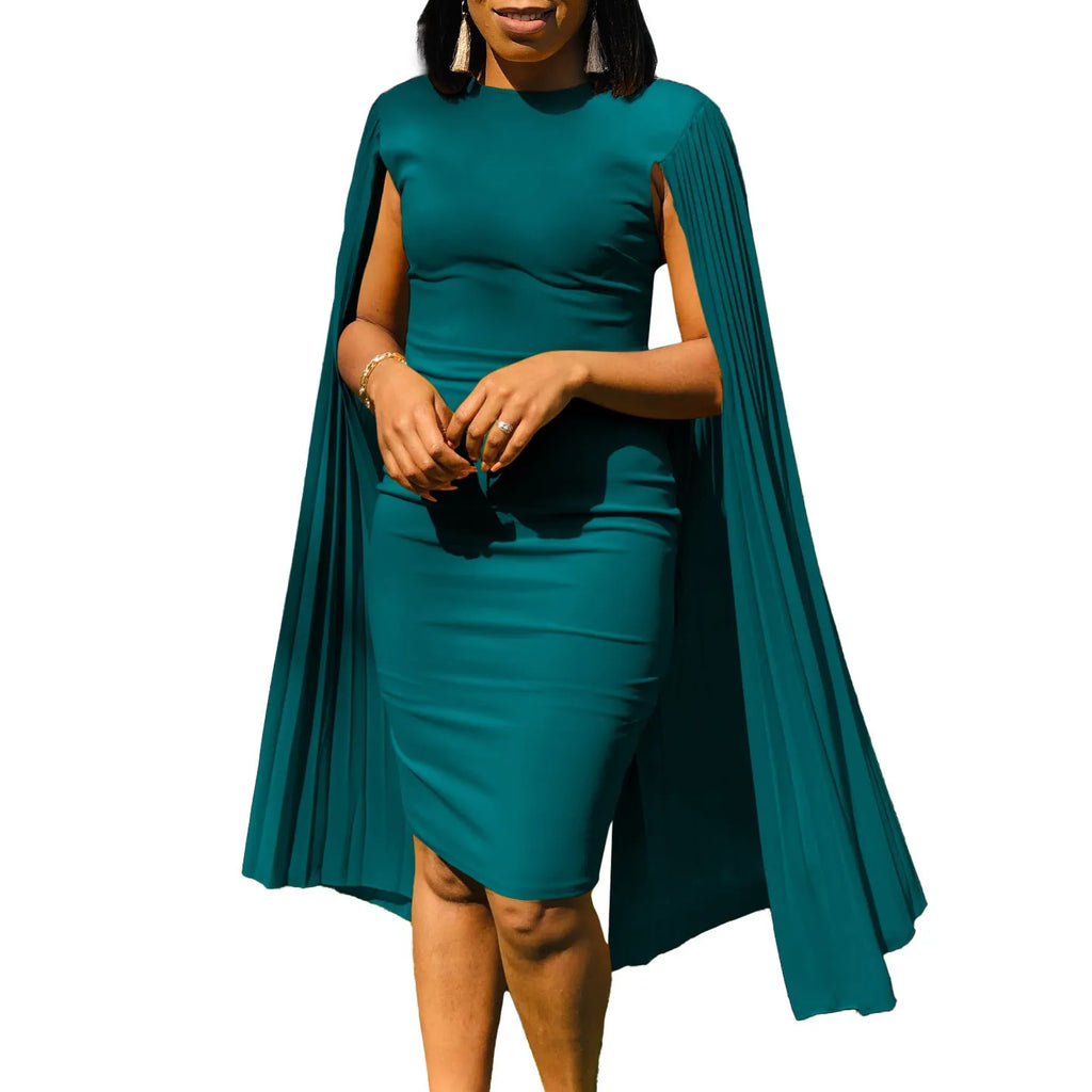 Women's round neck pleated evening gown with long sleeves and attached shawl in polyester fabric