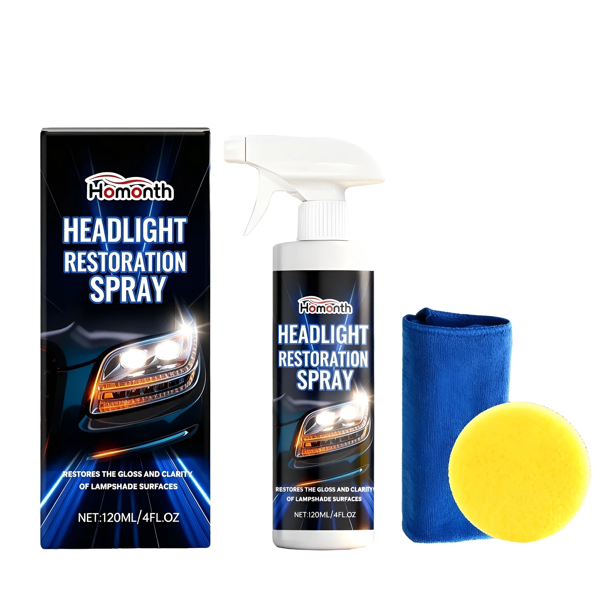HOMONTH headlight restoration spray kit showing 120ml bottle, sponge, and towel for cleaning car headlights.