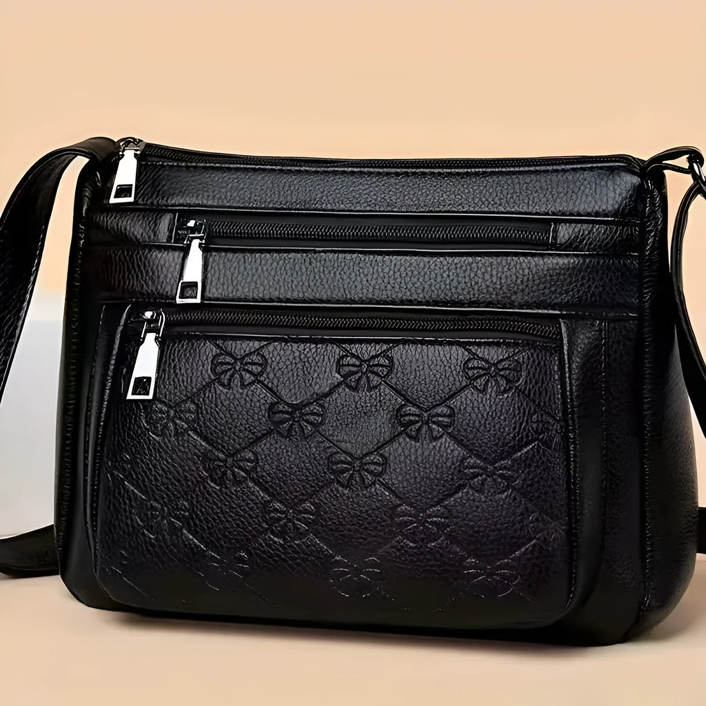 Women's butterfly black PU leather messenger bag with mobile phone pocket and crossbody strap