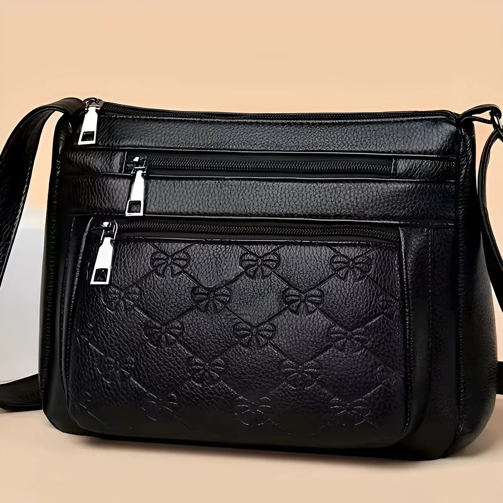 Women's butterfly black PU leather messenger bag with mobile phone pocket and crossbody strap
