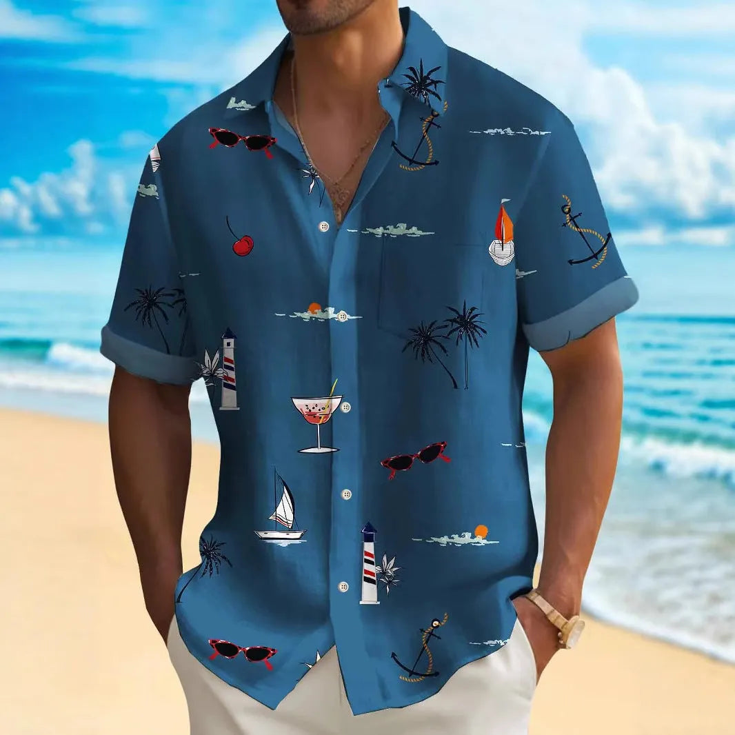 Man wearing a loose-fit, short-sleeve Hawaiian shirt with a colourful digital print pattern.