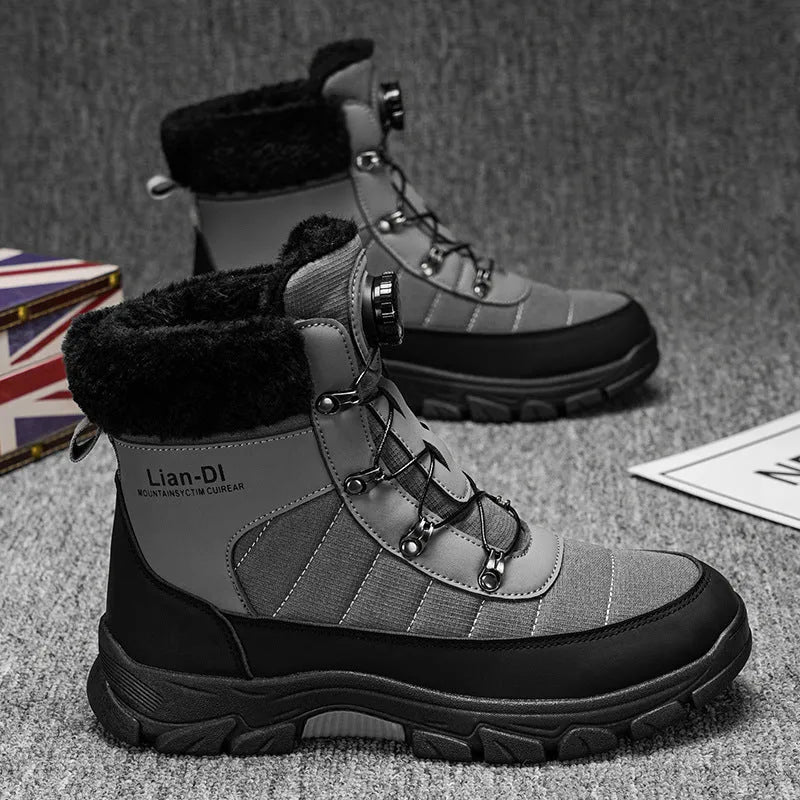 Men's fleece-lined warm snow boots in black with artificial PU upper and round toe design