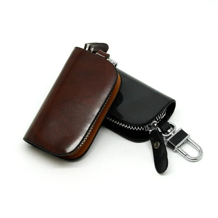 Genuine leather car key case with zipper in black and brown frosted finish