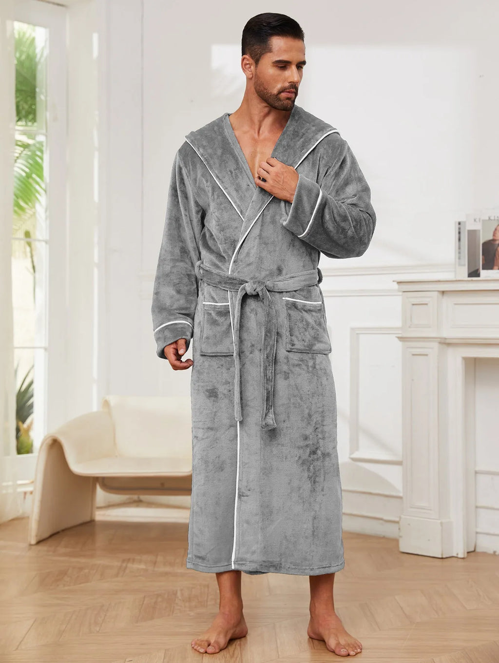 Fashion unisex flannel bathrobe in light gray, made from polyester, with a belt for home lounging in winter and autumn.