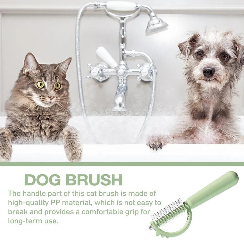 Blue dinosaur-shaped self-cleaning pet grooming brush with double-sided stainless steel pins on a white background.