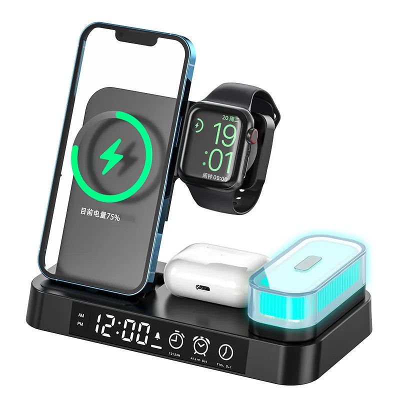 White 4-in-1 foldable wireless charging station showing phone on stand, Apple Watch dock, and glowing RGB night light.