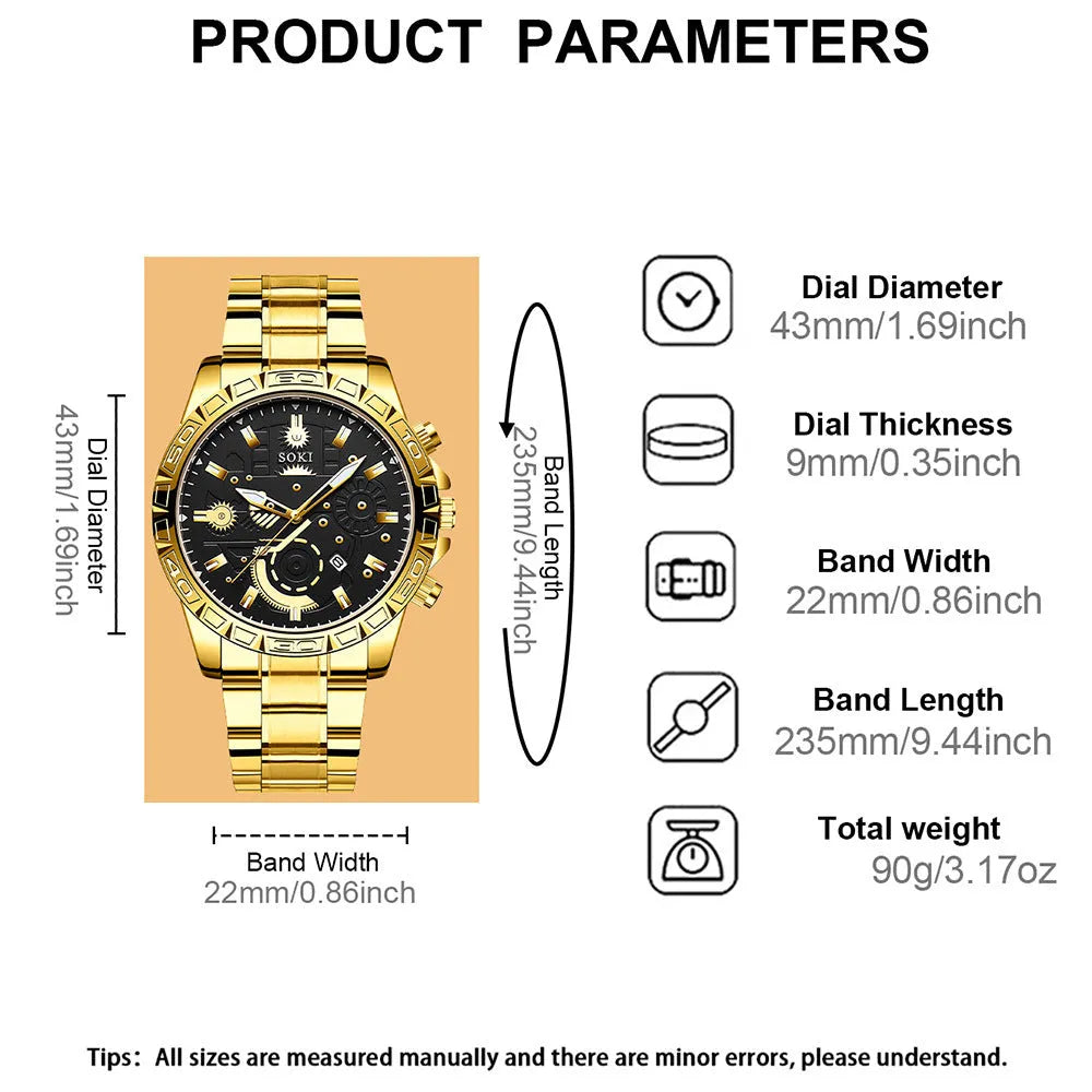 Men's gold business calendar quartz watch with stainless steel strap and buckle