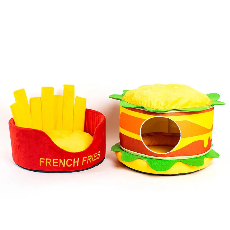 Crystal super soft velvet cat bed in French fries design with reversible cushion for four seasons