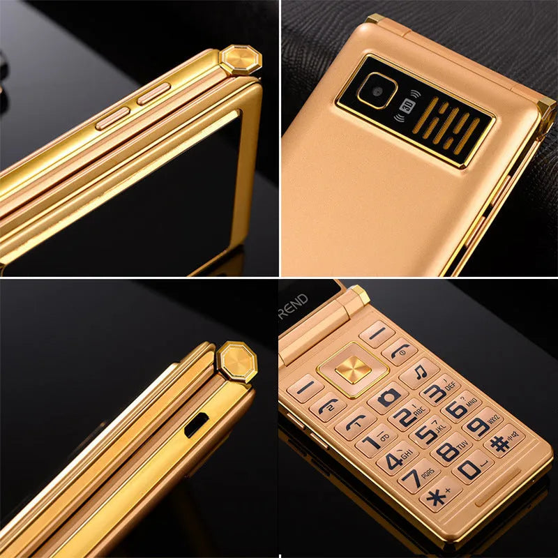 Dual screen flip phone showing internal touch screen and external display in black colour
