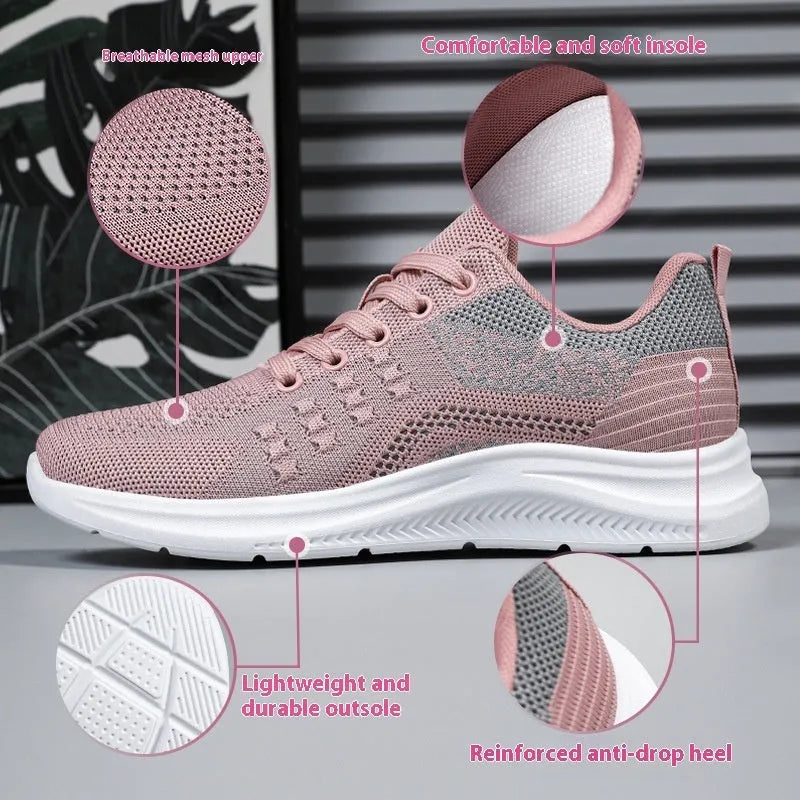 Women's low-top black mesh sneakers with round toe and white PVC sole, featuring front lace-up design.