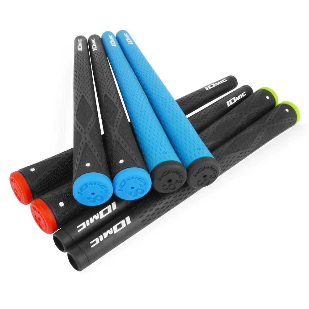 TPE golf club grip replacement in various colours including pink, red, blue, white, and two-tone black with coloured head.