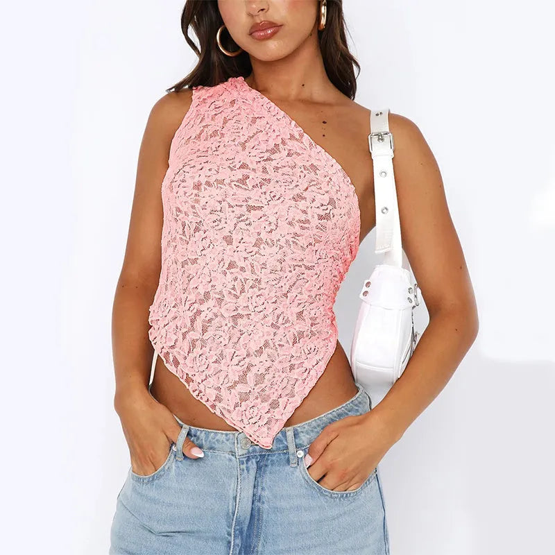 Women's sleeveless lace backless top with asymmetrical neck in multiple colour options