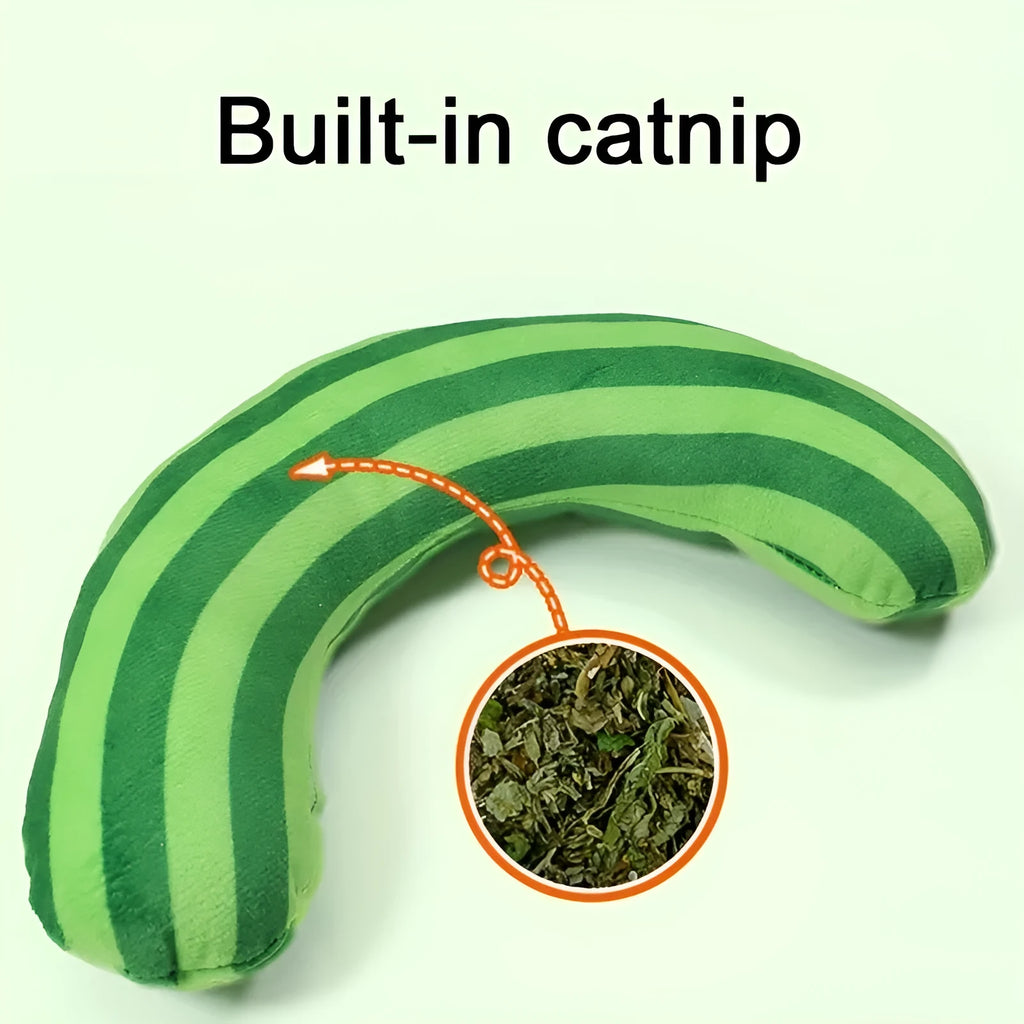 Striped green, rainbow, and yellow cat pillow toys with a built-in catnip strip and noise maker.