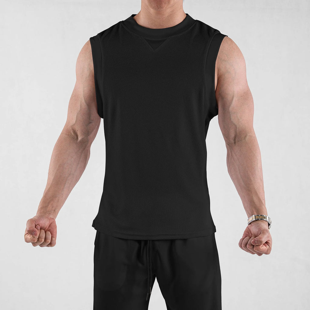 Black quick-dry fitness vest with loose fit and stretch fabric for summer sports