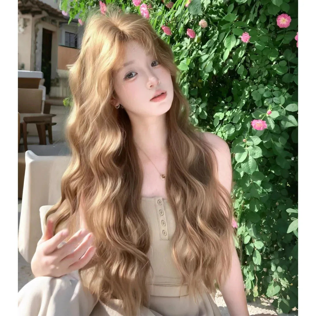 Brown linen long curly medium length wig with hair net on display