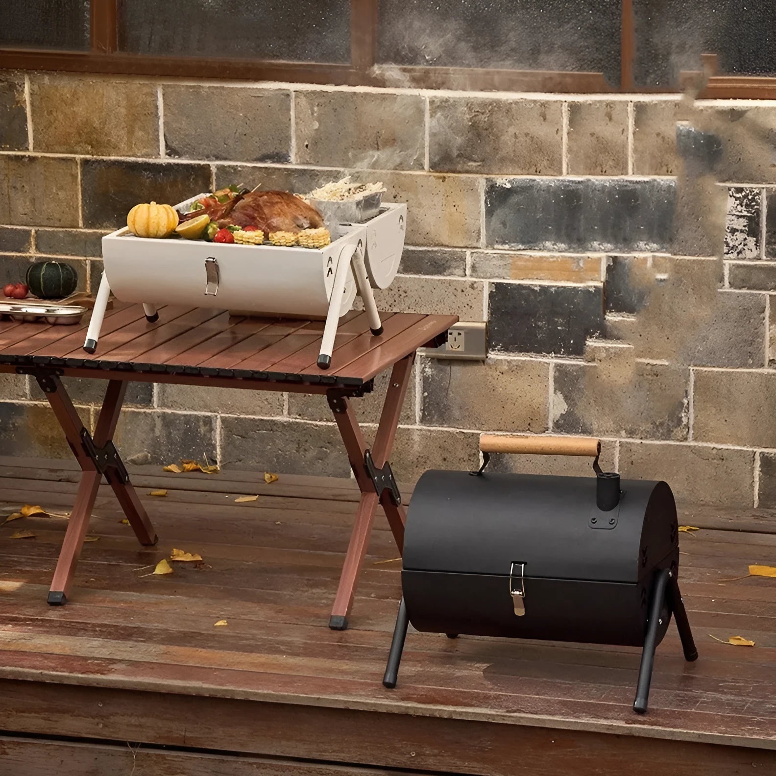 White portable round chimney oven grill with frying and baking capabilities, carbon tanks, and mesh inserts