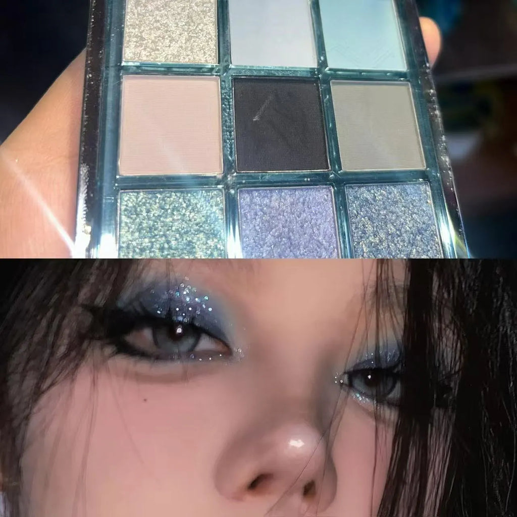 MUGELEEN nine-colour eye shadow palette showing low saturation blue smoked shades with matte and shimmer finishes