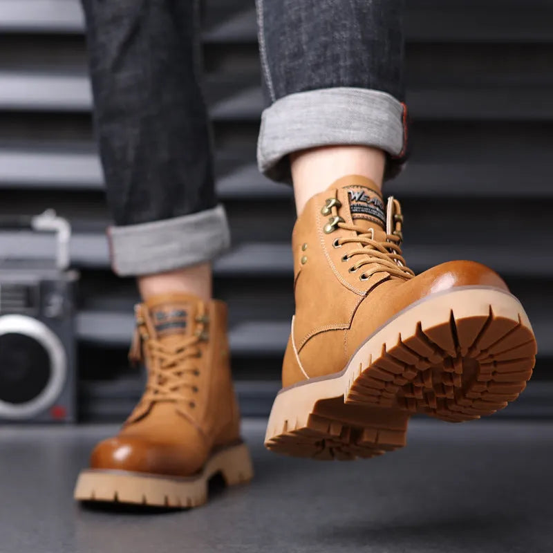 Men's brown leather high-top boots with side zip, thermal lining, and rubber sole