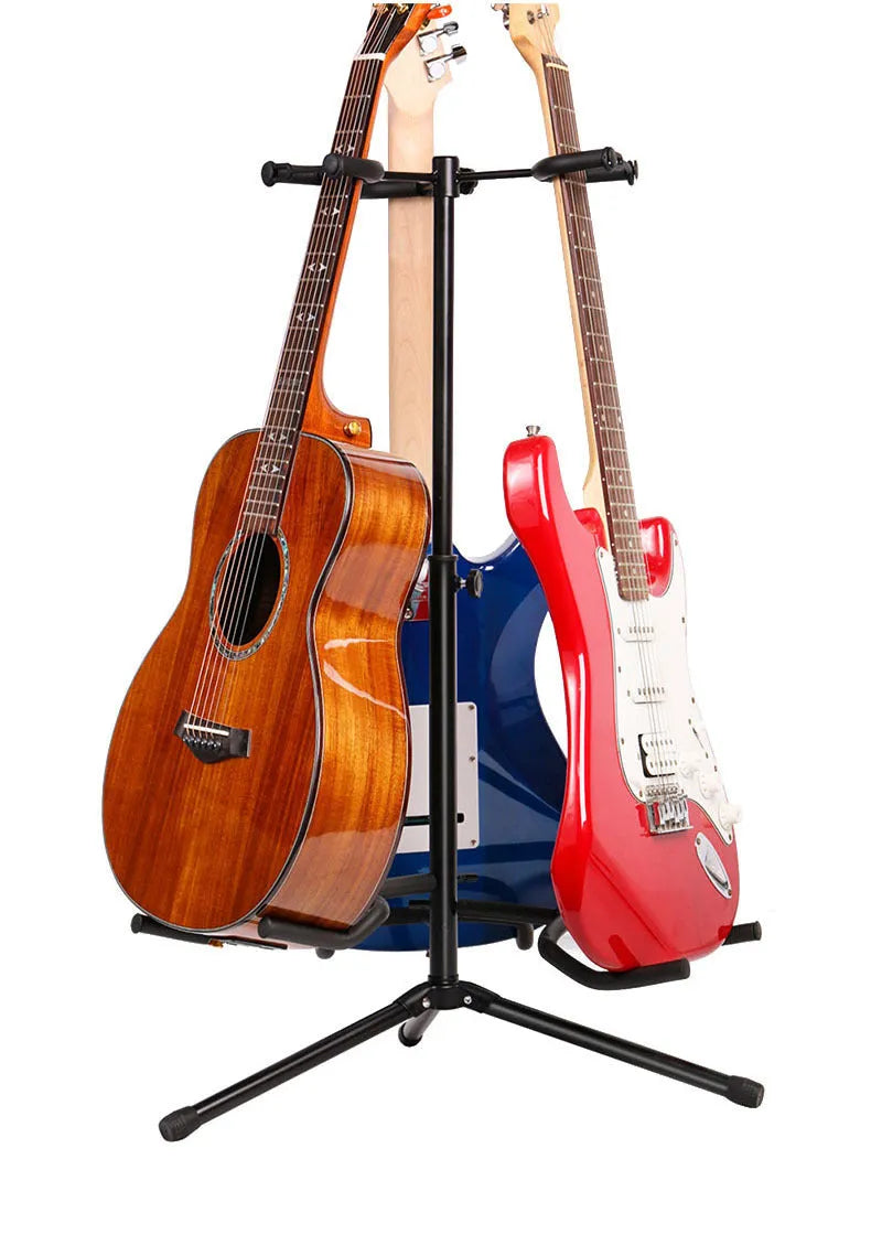 Black vertical double-headed adjustable guitar stand for electric and acoustic instruments
