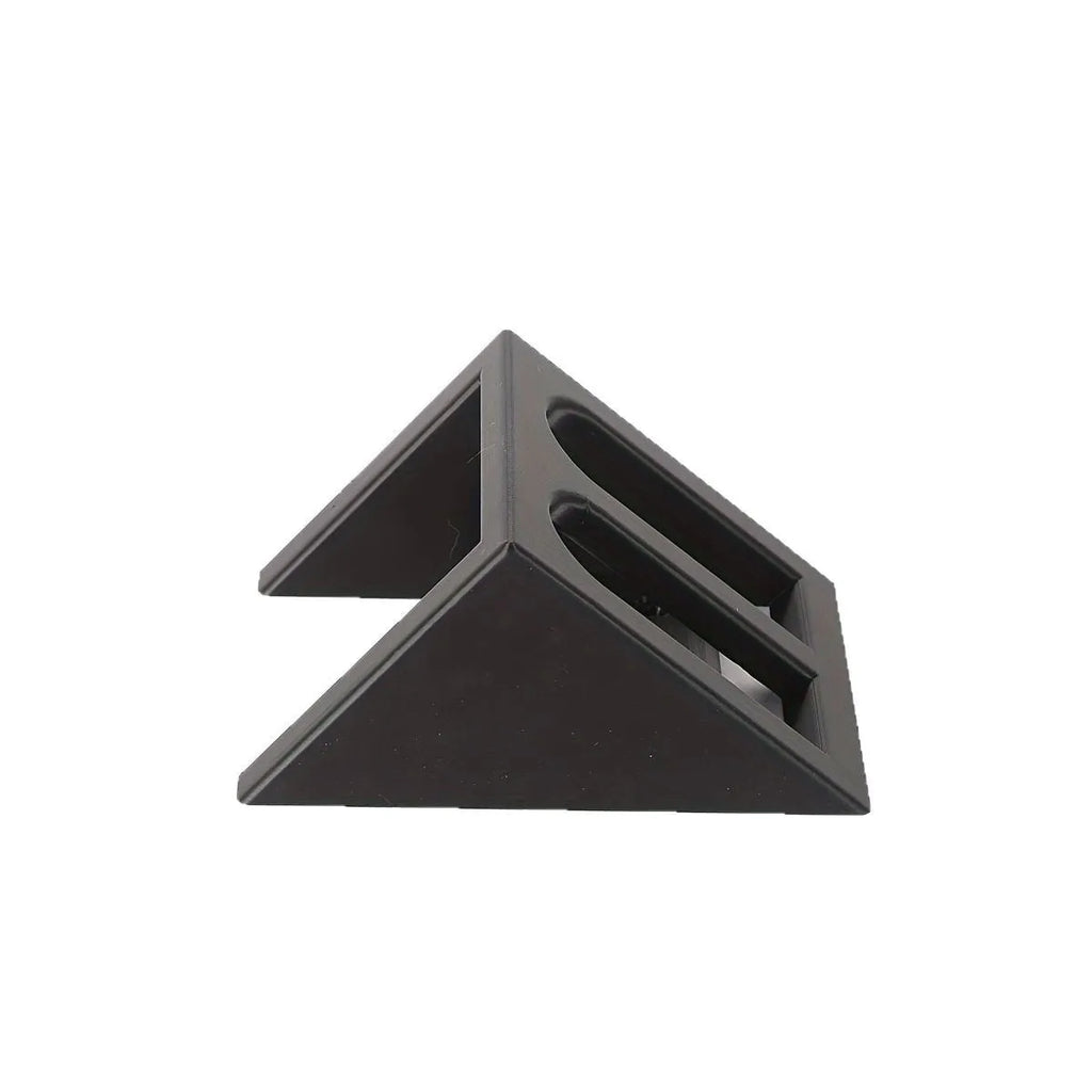 Black plastic pistol display stand for model firearms measuring 10.85 by 7.6 centimetres
