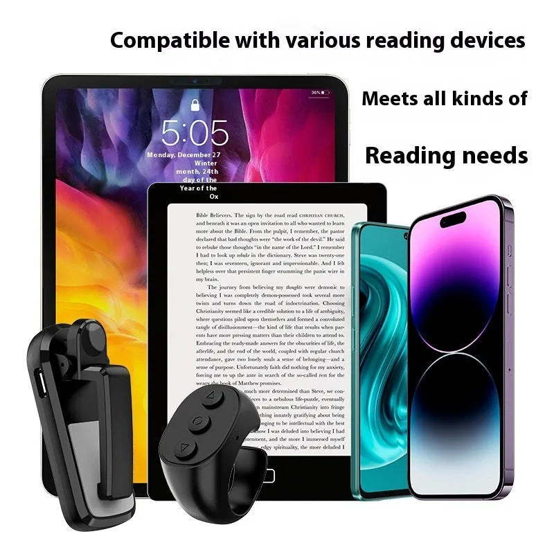 Wireless page turner remote control and foot clicker for tablets on a wooden table.