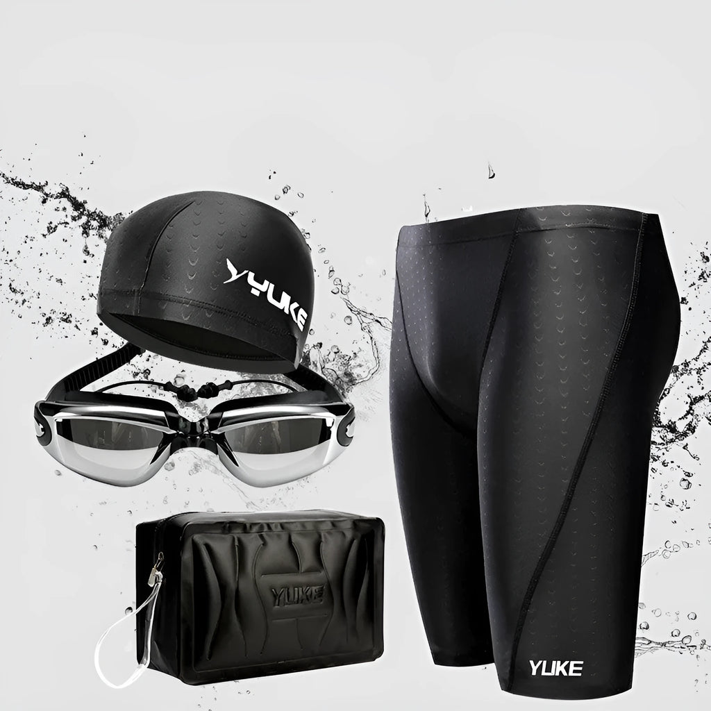 Men's black polyester swimming set with trunks, anti-fog goggles, cap, ear plugs, nose clip, and carrying bag