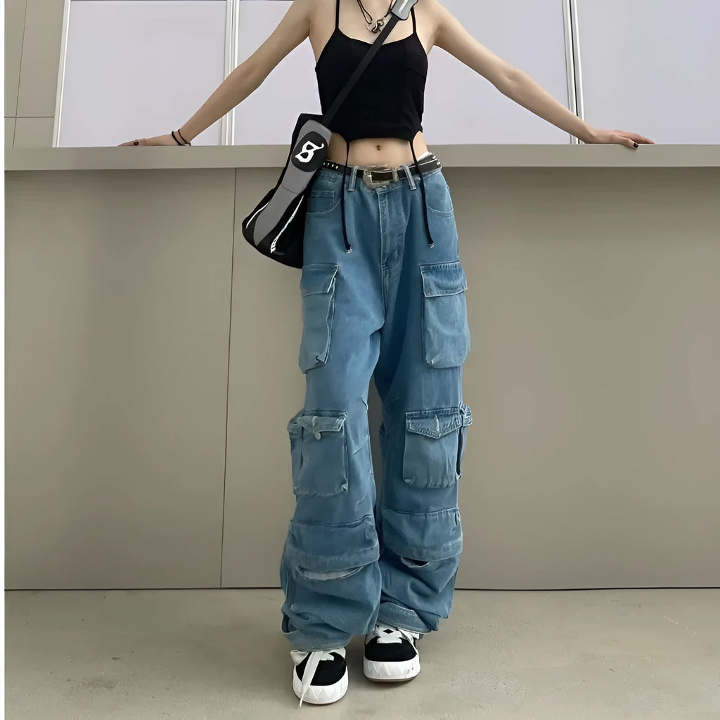 Women's high-waist wide-leg denim jeans with multiple pockets in tie-dyed blue street hipster style