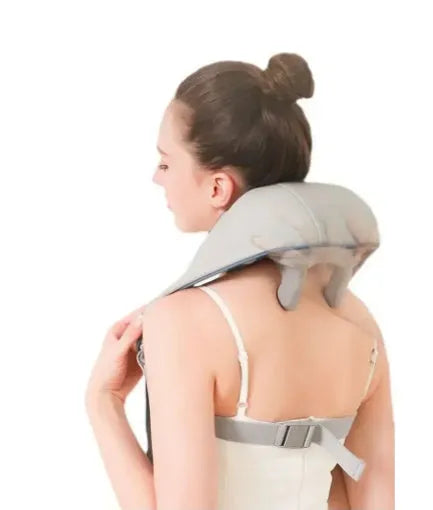 Milky white rechargeable shoulder and neck cervical spine kneading massager with USB cable.