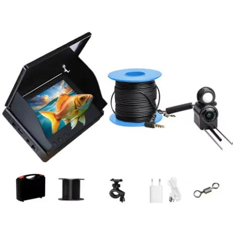 Underwater fish finder HD camera with 4.3-inch screen showing a fish on display, with 15, 20, and 30 metre cable options.