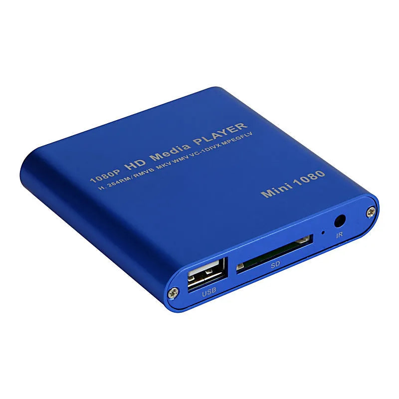 Compact black or blue 1080p Full HD media player with HDMI port, SD card slot and USB input