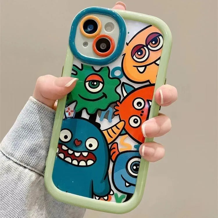 Full screen PC phone case in green with all wrapped cartoon design for Apple iPhone, showing protective edges