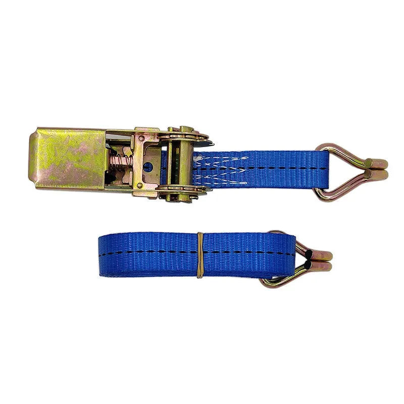 Steel ratchet tensioner fastening strap with double hooks and grey polyester webbing.