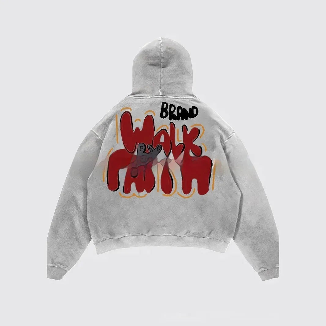 Granny Grey women's hoodie with vintage letter print, front pocket, and long sleeves