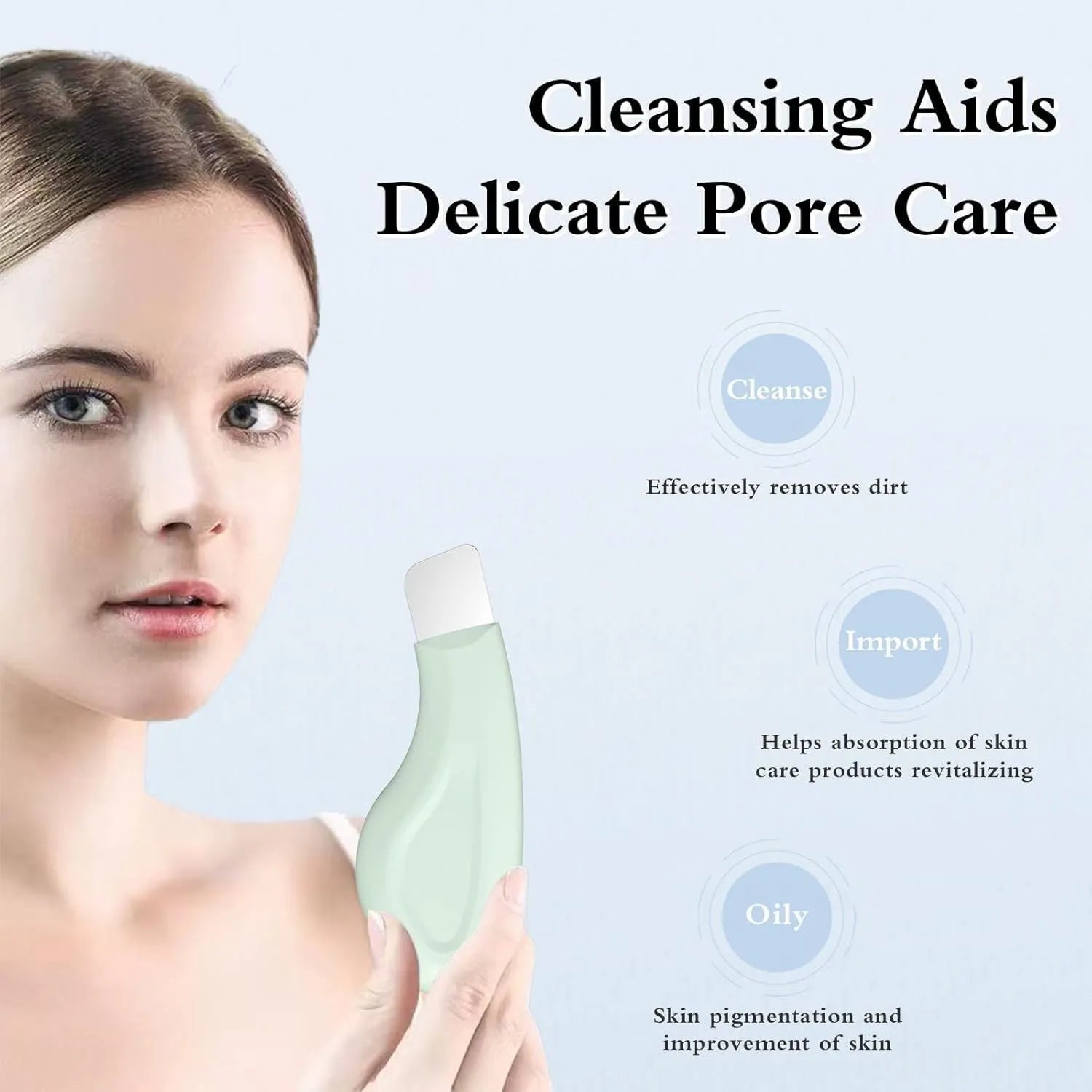 Green stainless steel blackhead scraper tool with a non-slip handle for facial pore cleaning.