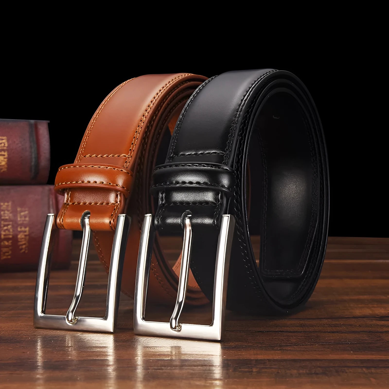 Men's classic black genuine leather belt with a silver-toned alloy pin buckle on a flat surface.
