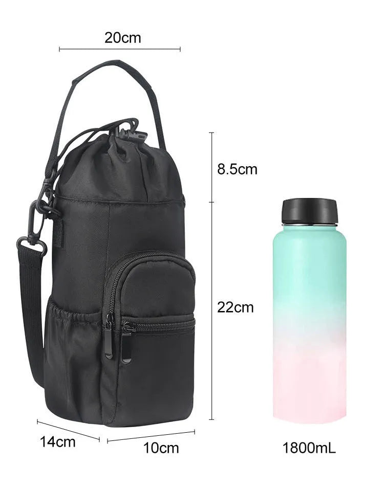 Cloth water bottle pouch with crossbody strap in black, green, and pink colour options