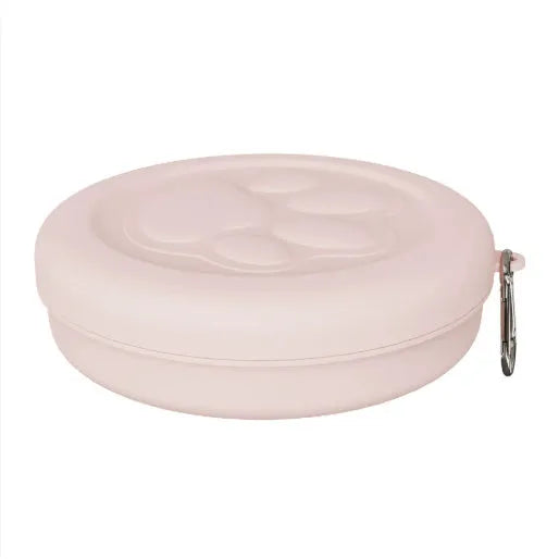 Portable foldable dog bowl with two compartments for food and water in light green colour