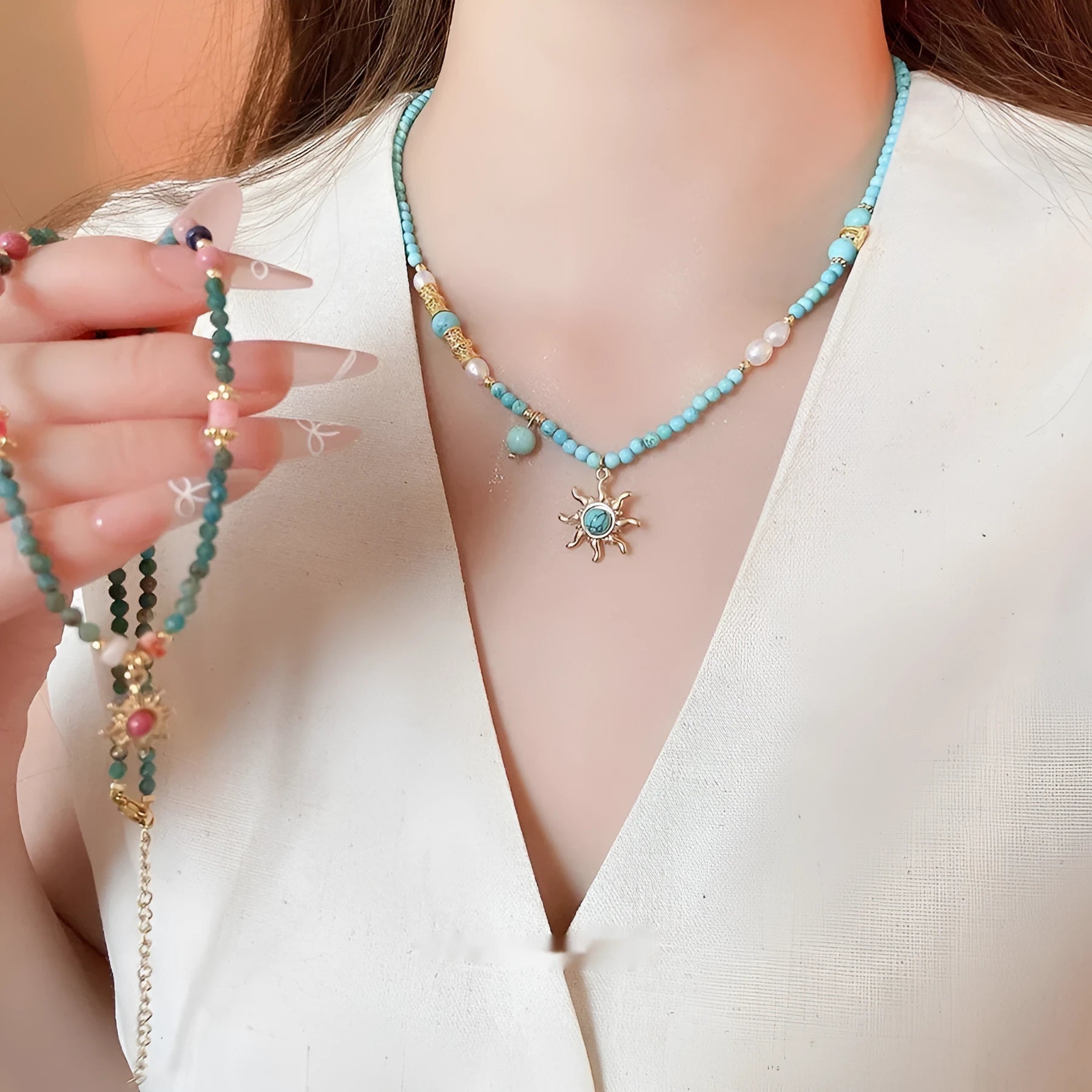 Freshwater pearl necklace with stone sun pendant in French royal court style, blue sun colour option
