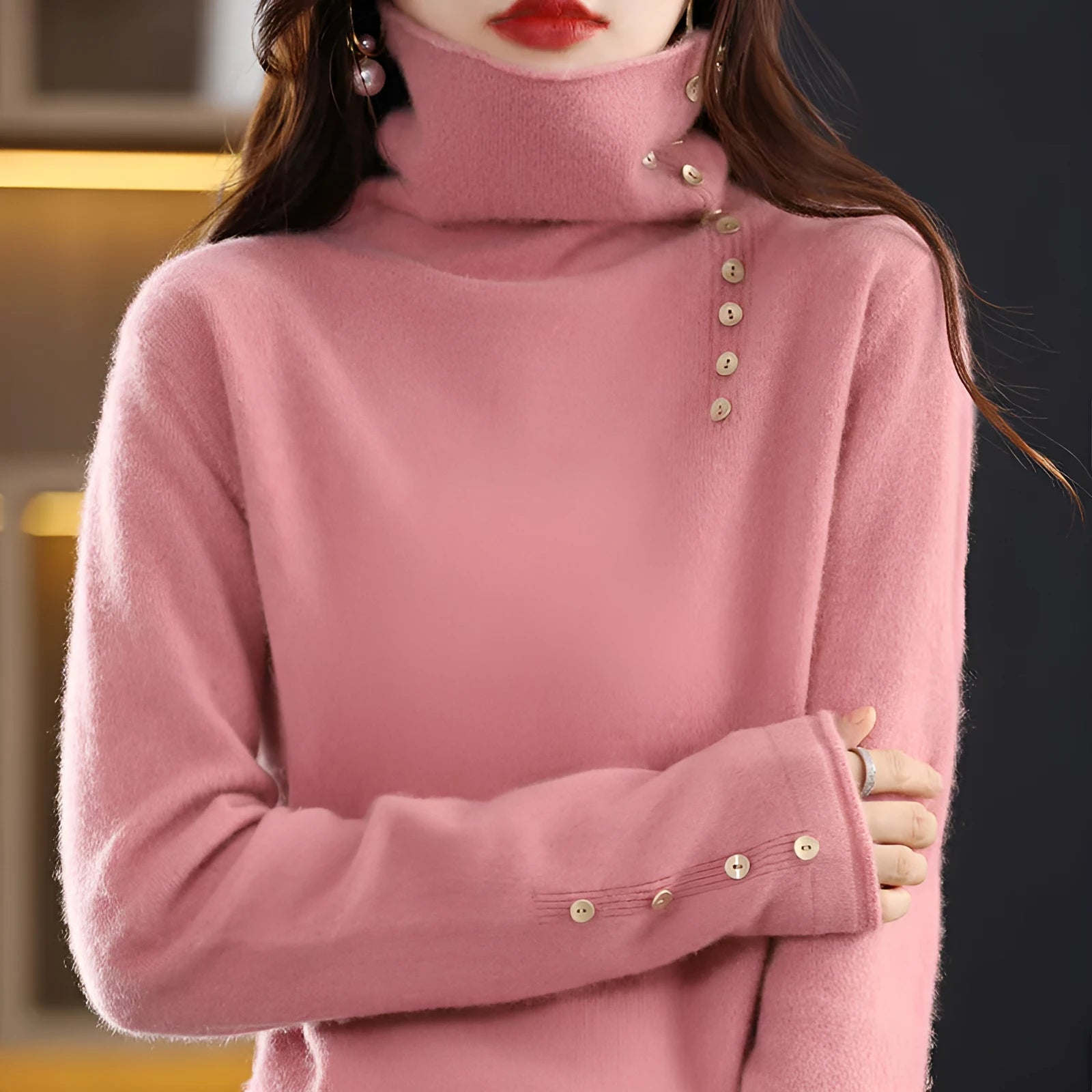 Slim fit core-spun yarn knitted bottoming shirt in light camel colour showing 3D pattern texture