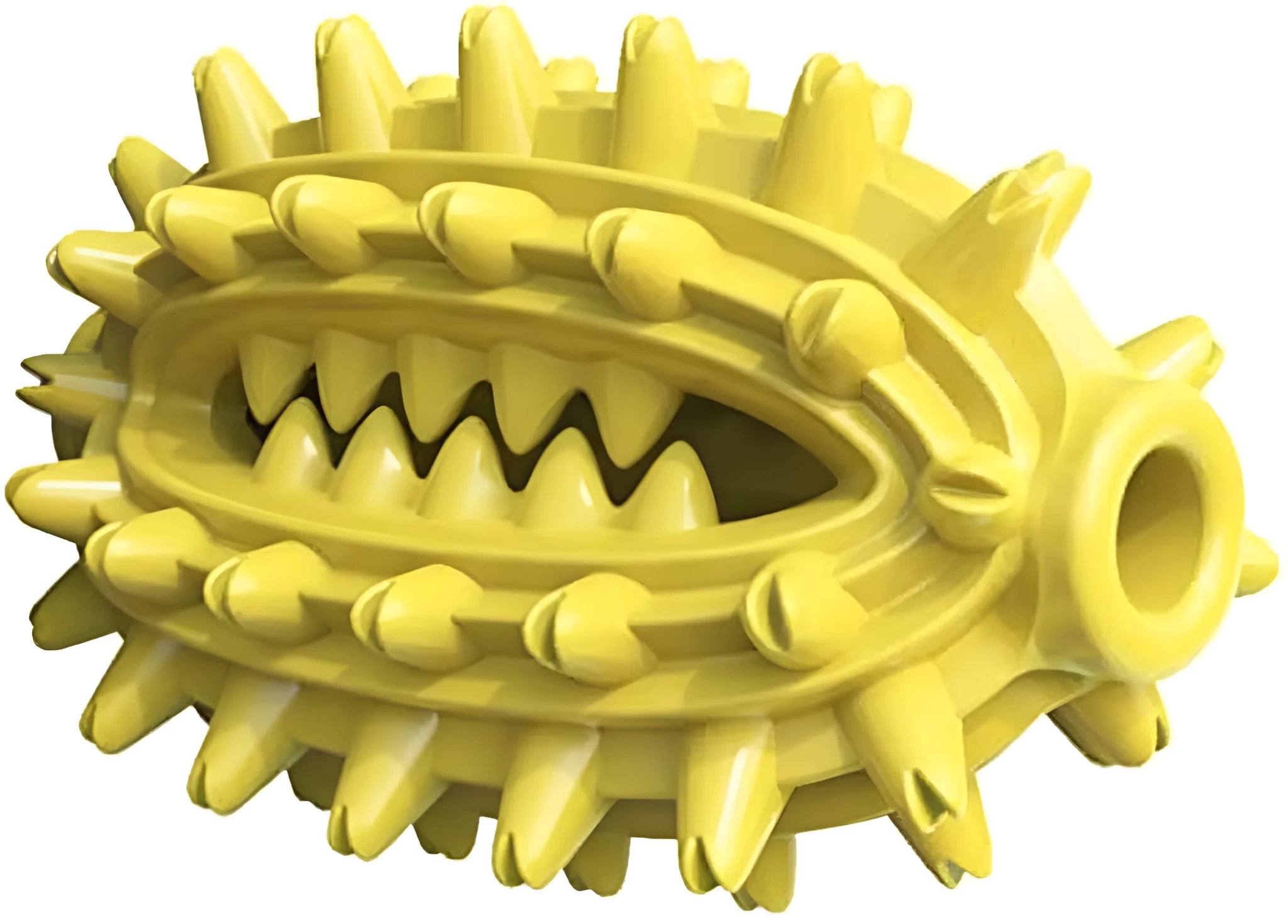 Green or yellow cactus-shaped dog chew toy for dental cleaning, made from durable rubber.
