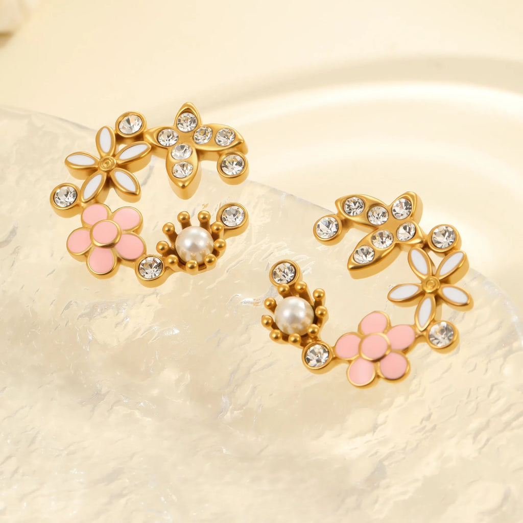 Flower stud earrings with petal design in gold electroplated finish on stainless steel