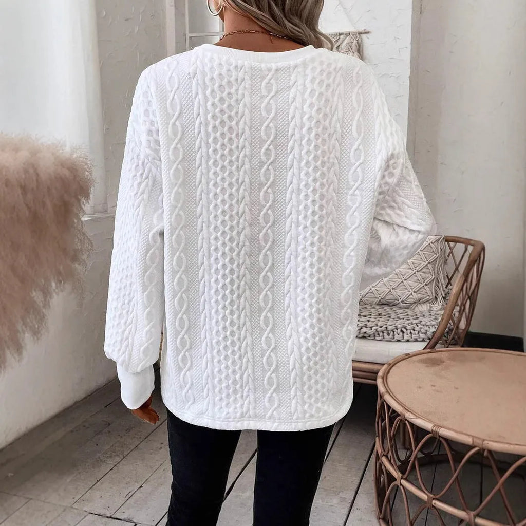 Milky white casual loose fit long sleeve t-shirt with 3D pattern design