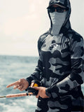 Men's grey long sleeve fishing hoodie shirt with integrated face mask and mesh side panels.