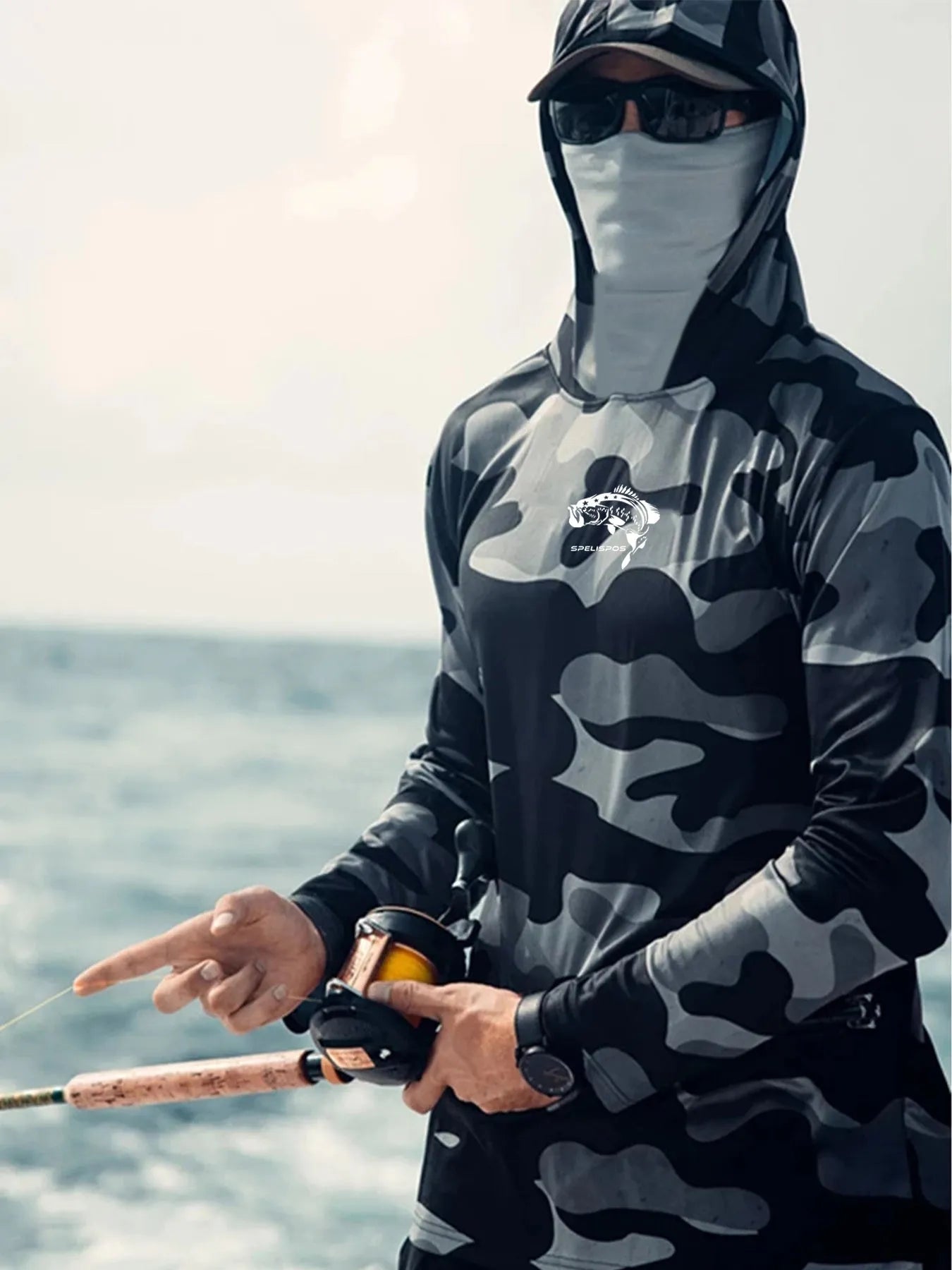 Men's grey long sleeve fishing hoodie shirt with integrated face mask and mesh side panels.